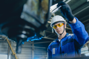 Male turner worker in protective gear operating machinery in industrial shipyard