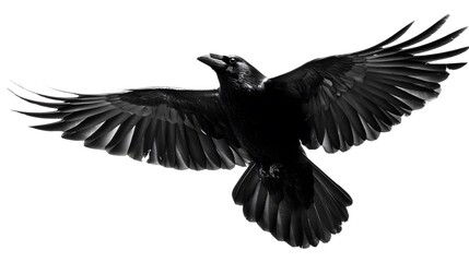 Obraz premium Majestic Raven Flying Silhouette on White Background with Clipping Path