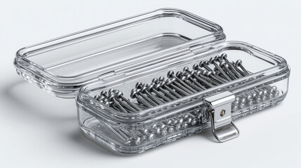 Transparent pin case with open lid and metal pins