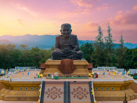 Aerial view of huay mongkol temple with luang phor thuad statue at sunset in hua hin, thailand