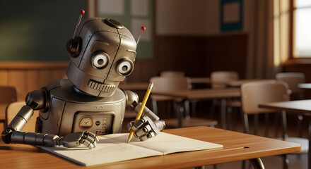Robot student diligently writing in a notebook with a pencil in a classroom setting