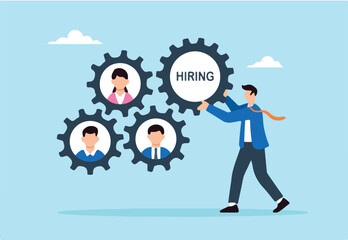 Flat illustration of human resource manager assembling hiring gear with candidate profile cogs to represent teamwork and process integration in business recruitment