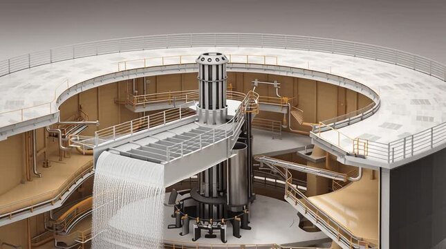 Clean 3D cutaway animation of a hyperbolic cooling tower revealing the internal water distribution system, with hot water spraying over fill material to illustrate efficient industrial cooling process