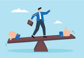 Flat illustration of businessman balances on seesaw with thumb up and down evaluating merit demerit advantage disadvantage in comparison performance