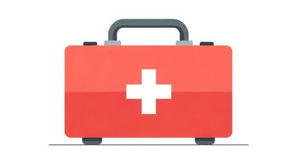 Obraz premium A red first aid kit with a gray handle and a white cross on the front isolated on a white background