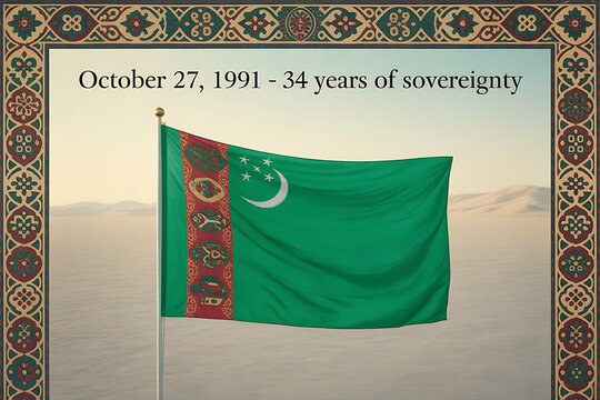 Celebrate Turkmenistan's 34 Years of Sovereignty with a Stunning Flag Displayed Proudly Against a Desert Backdrop, Perfect for National Holidays and Cultural Events
