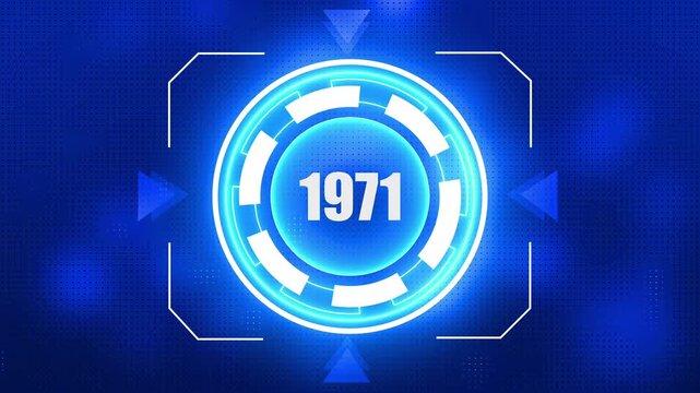Digital HUD with Year 1971 in Blue Neon Circle Against a Dotted Background interface technology