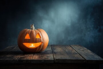 Pumpkin lantern shines brightly on rustic wooden table