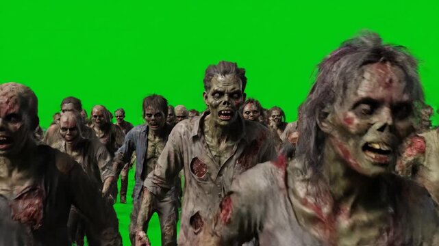 Zombie Horde Approaching on Green Screen - A large group of zombies shuffles slowly towards the camera.