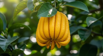 Buddha&rsquo;s hand citrus fruit hanging on tree