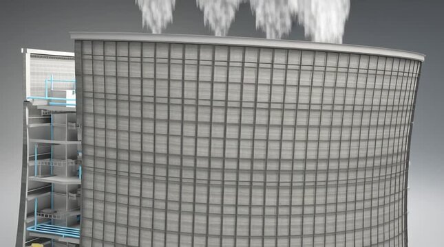 Clean 3D cutaway animation of a hyperbolic cooling tower revealing the internal water distribution system, with hot water spraying over fill material to illustrate efficient industrial cooling process