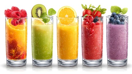 Fresh Fruit Juice Glasses Set Isolated on White Background for Health and Wellness Concept