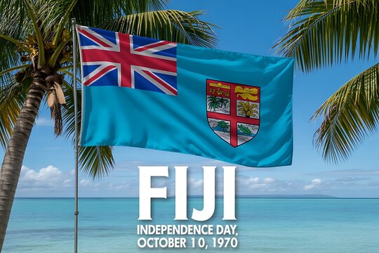 Celebrate Fiji Independence Day with this stunning flag waving gently by the ocean, the perfect backdrop for travel blogs, cultural events, and patriotic promotions