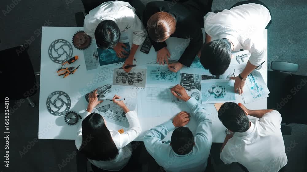 Poster top down view of skilled engineer showing and talking about turbine engine design. aerial view of sk