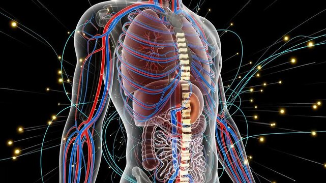 Detailed 3d illustration of the human bodys internal anatomy, showcasing the circulatory, respiratory, and digestive systems with a focus on health and science