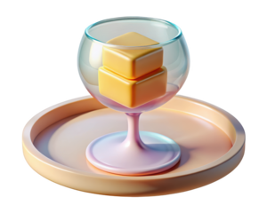 Cubes inside glass cup resting on a plate with peach and pink tones 3d illustration isolated on transparent background