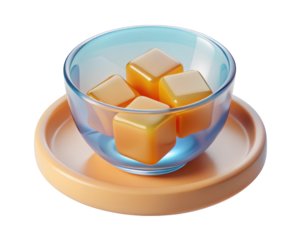 Delicious caramel cubes in a glass bowl on saucer 3d illustration isolated on transparent background