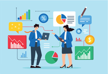 Flat illustration of two professionals analyzing data to find solutions featuring charts and graphs