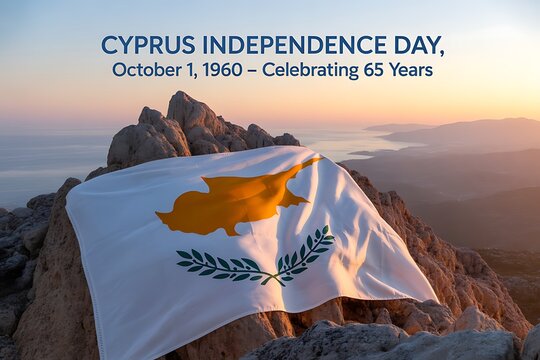 Celebrate Cyprus' Independence Day with a stunning flag waving proudly atop a mountain peak at sunrise, a symbol of freedom and national pride against a scenic vista