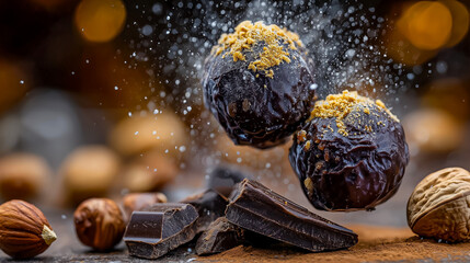 Artistic shot of chocolate truffles dusted with cocoa powder floating