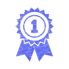 Blue distressed rosette award ribbon with number 1 inside a circle, isolated on transparent background