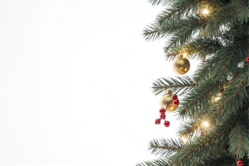 Decorated Christmas Tree Branch with Gold Ornaments and Berries Against a White Background