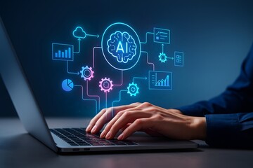 Business professional using laptop with AI neural icon connected to analytics charts, cyan and magenta holographic interface, ideal for data strategy presentations, automation, and education.