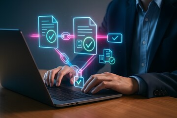 Document approval workflow shown as holographic files with checkmarks above a laptop, neon cyan and magenta lines, for compliance guides, productivity, onboarding decks, and presentations.