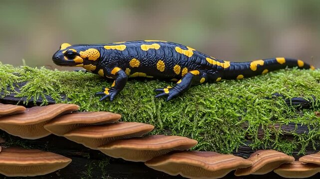 A vibrant black and yellow spotted fire salamander rests on a mosscovered log in a forest, showcasing its striking pattern amidst natural woodland elements