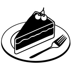 Rich chocolate cake slice on a white plate with a fork presented as a silhouette isolated on white background.