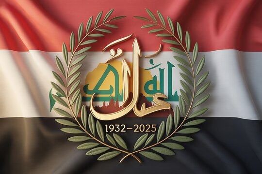 Celebrating Iraqi Heritage: Stunning 2025 Jubilee Design with Golden Arabic Calligraphy and Olive Branches on National Flag for Patriotic Events and Cultural Promotion, Remembering History - Powered by Adobe