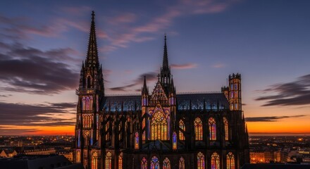 Obraz premium Magnificent Gothic Cathedral Illuminated Against a Dramatic Sunset Sky