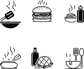 Food preparation icons cooking burger hotdog grill sauce kitchen utensils vector illustration set design