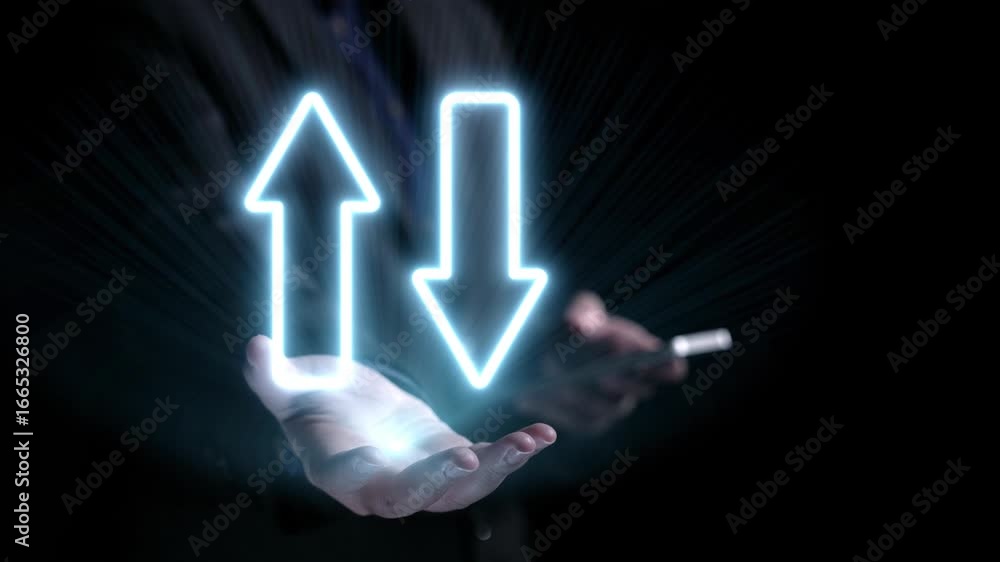 Poster hands display upward and downward arrows symbolizing the balance between quality and cost, illustrat