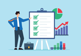 Flat illustration of male investor analyze business checklist on presentation board with checkmark graph and pie chart