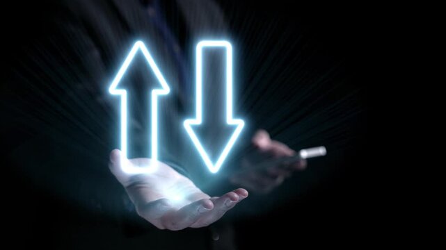 Hands display upward and downward arrows symbolizing the balance between quality and cost, illustrating critical business concepts such as growth and management strategies. Qubit