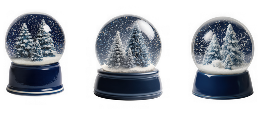 Three snow globes with christmas trees inside, isolated on transparent background, perfect for holiday decorations and gifts for the winter season
