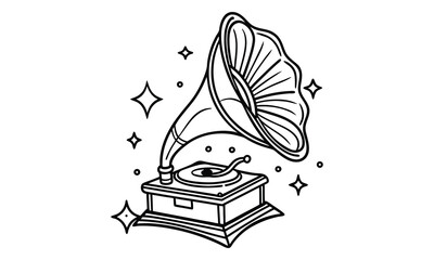Gramophone t shirt design silhouette and vector line art, detailed high quality illustration, perfect for relaxation, stress relief, mindfulness, adult coloring books, printable artwork.