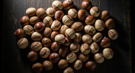 Close-up of pile of mixed chestnuts on dark wooden surface