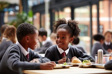 School pupils engaging in conversation and enjoying lunch together at a dining table