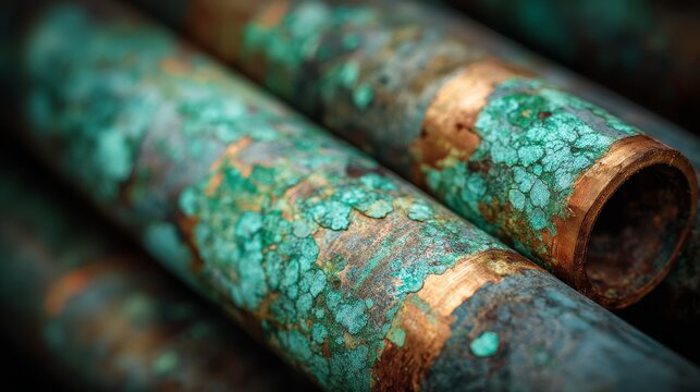 Copper pipes with green oxidation patterns