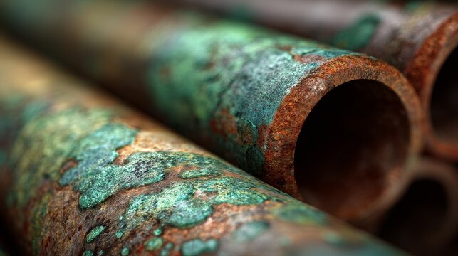 Copper pipes with green oxidation patterns