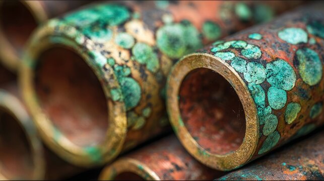 Copper pipes with green oxidation patterns