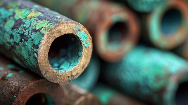 Copper pipes with green oxidation patterns