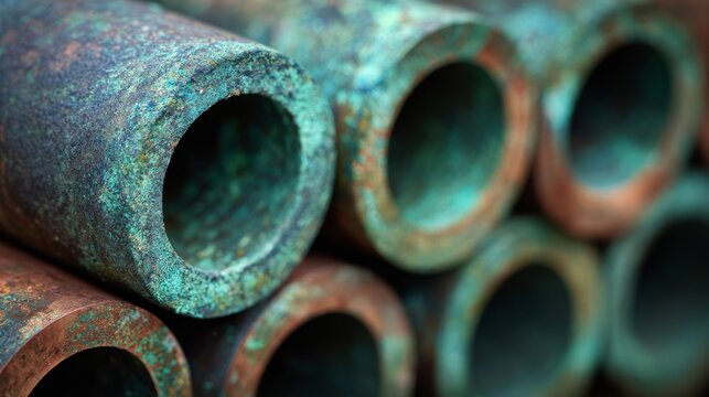 Copper pipes with green oxidation patterns