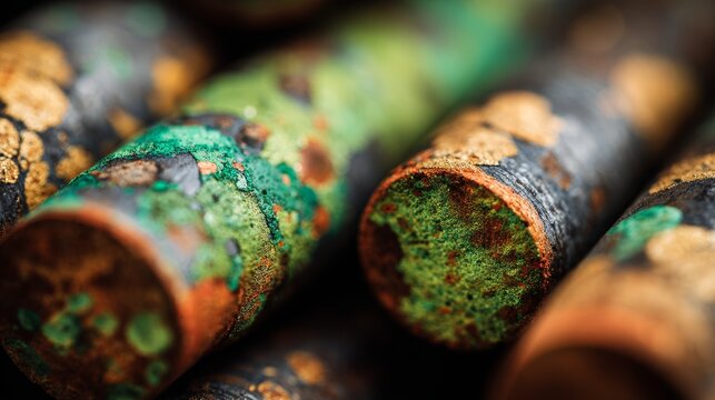 Copper pipes with green oxidation patterns