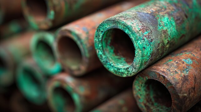 Copper pipes with green oxidation patterns
