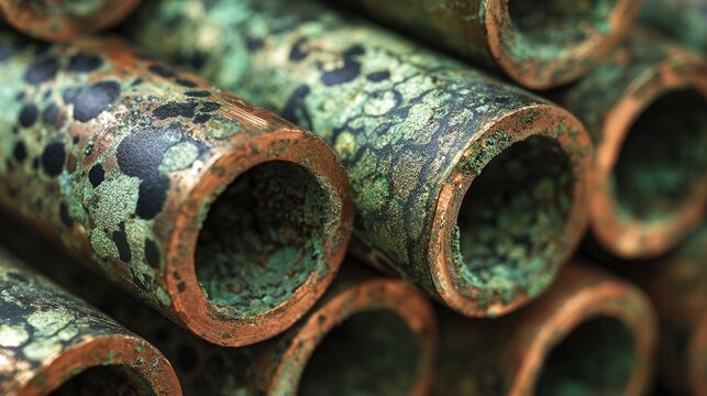 Copper pipes with green oxidation patterns