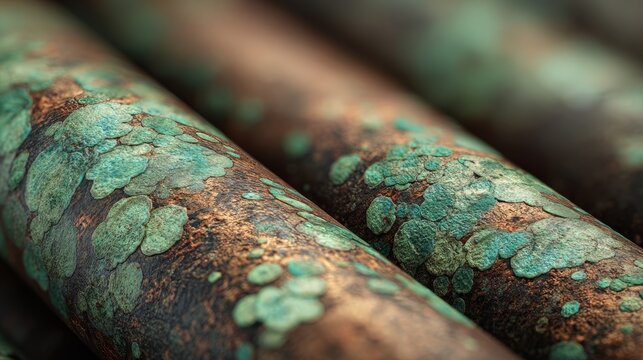 Copper pipes with green oxidation patterns