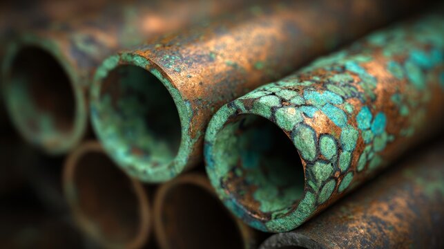Copper pipes with green oxidation patterns